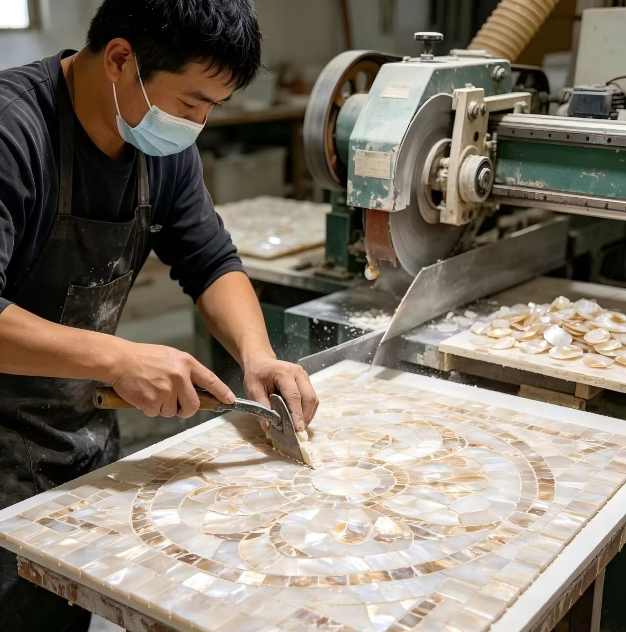 Artisan manually assembling mosaic pieces with precision craftsmanship