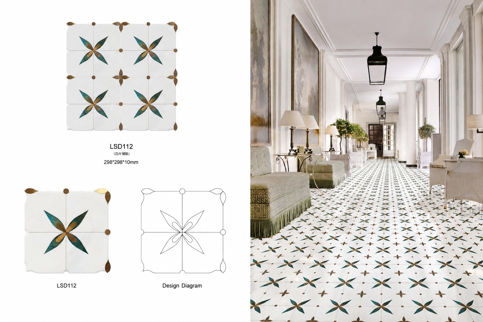 Gilded Geometry white stone mosaic with gold accent