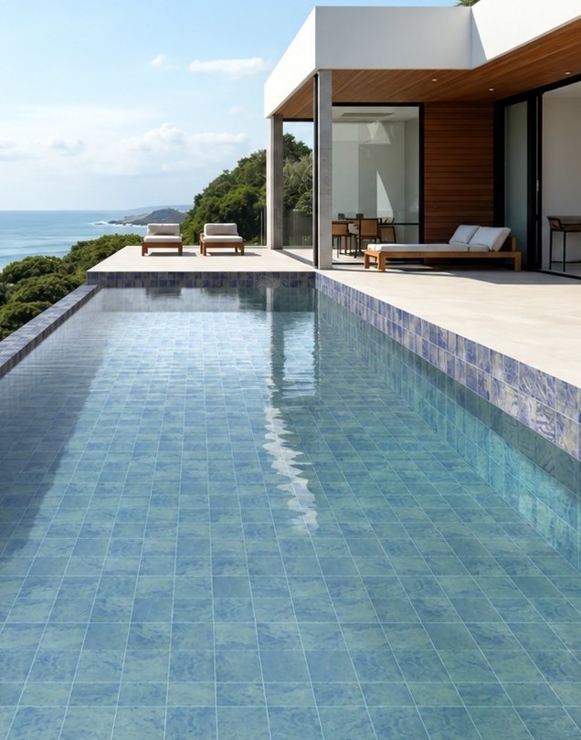 Stone-look ceramic mosaic pool application beside a modern villa