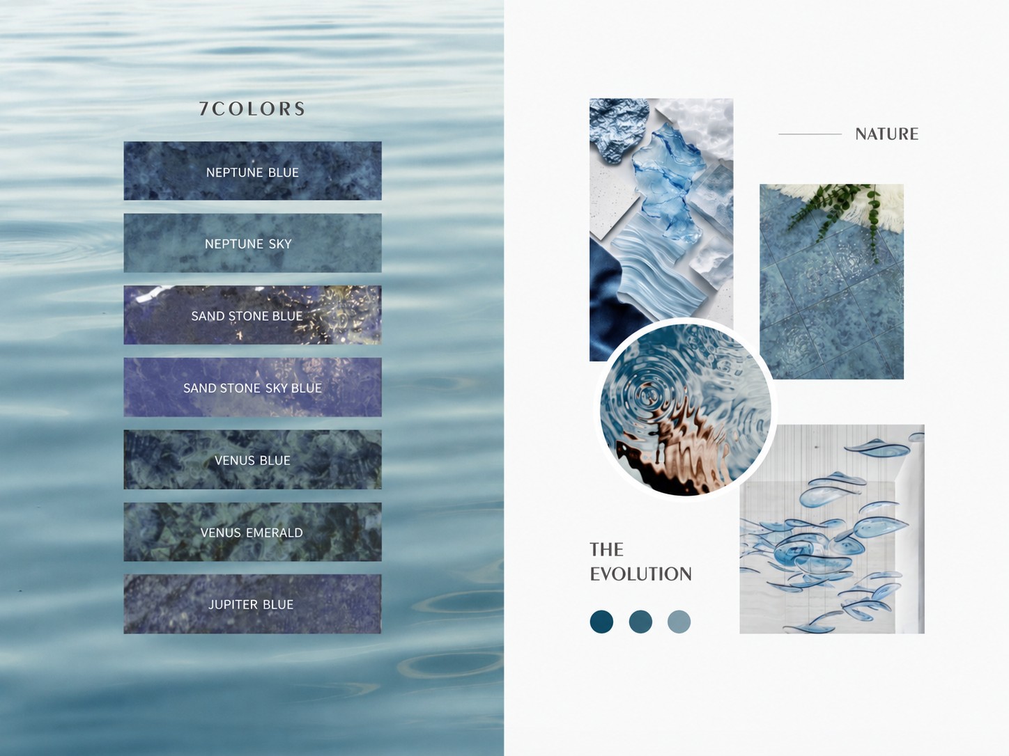 Stone-Look Ceramic Mosaic Collection overview showing seven colorways and nature-inspired material mood